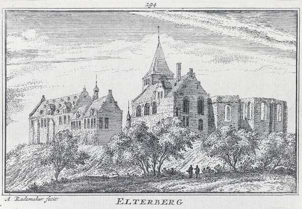 Gezicht op het kloosterruïne van de Vitusabdij en de Sint-Vituskerk op de Eltenberg in de 18de eeuw. Het linker gebouw was het z.g. ’Palas’, de adelijke woning van de grafelijke familie Van Hamaland.