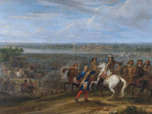 Schilderij van de oversteek van de Rijn door Lodewijk XIV